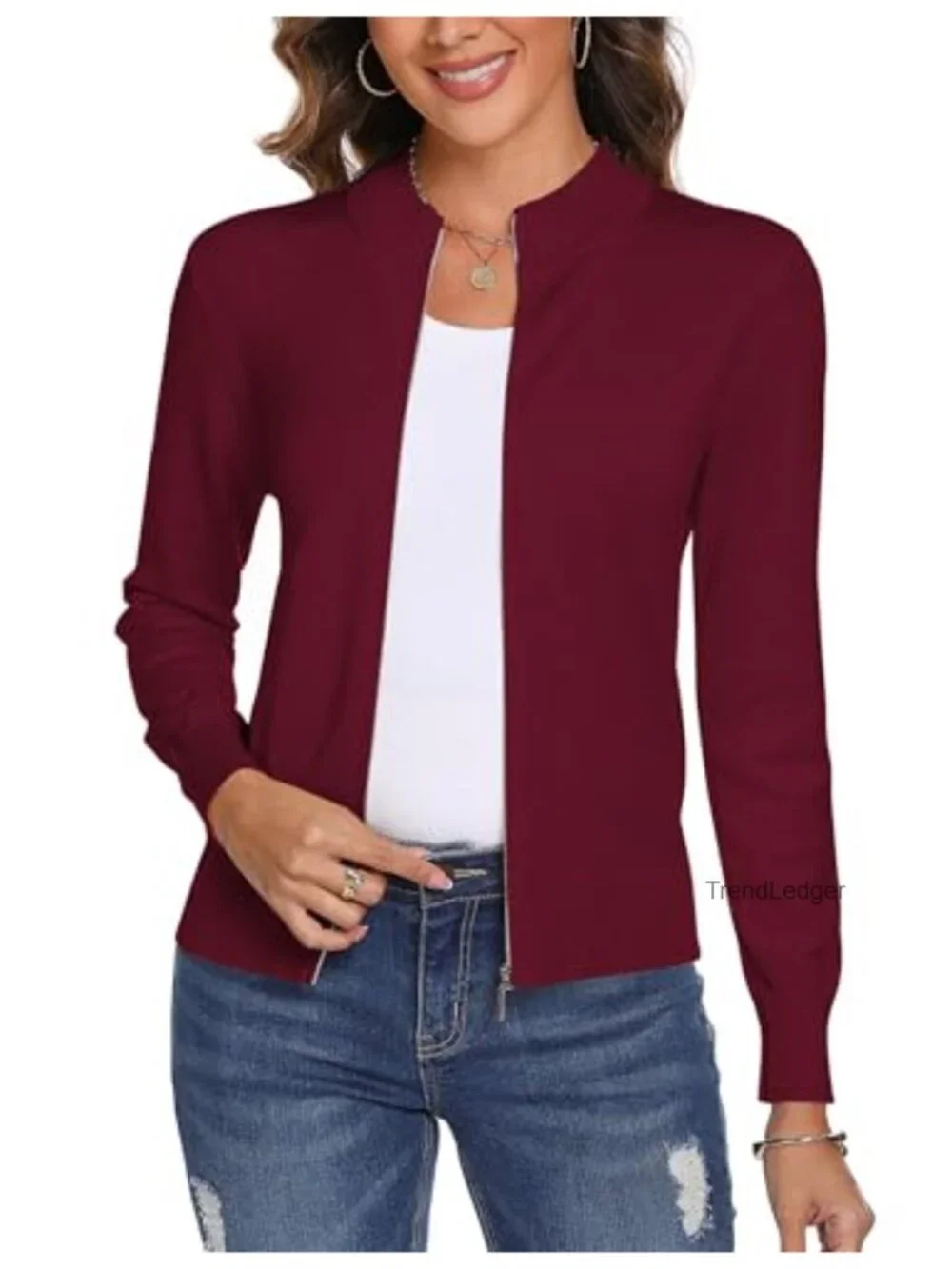 Women's Long Sleeve Knit Zip Up Cardigan Sweater Lightweight Cropped Jacket